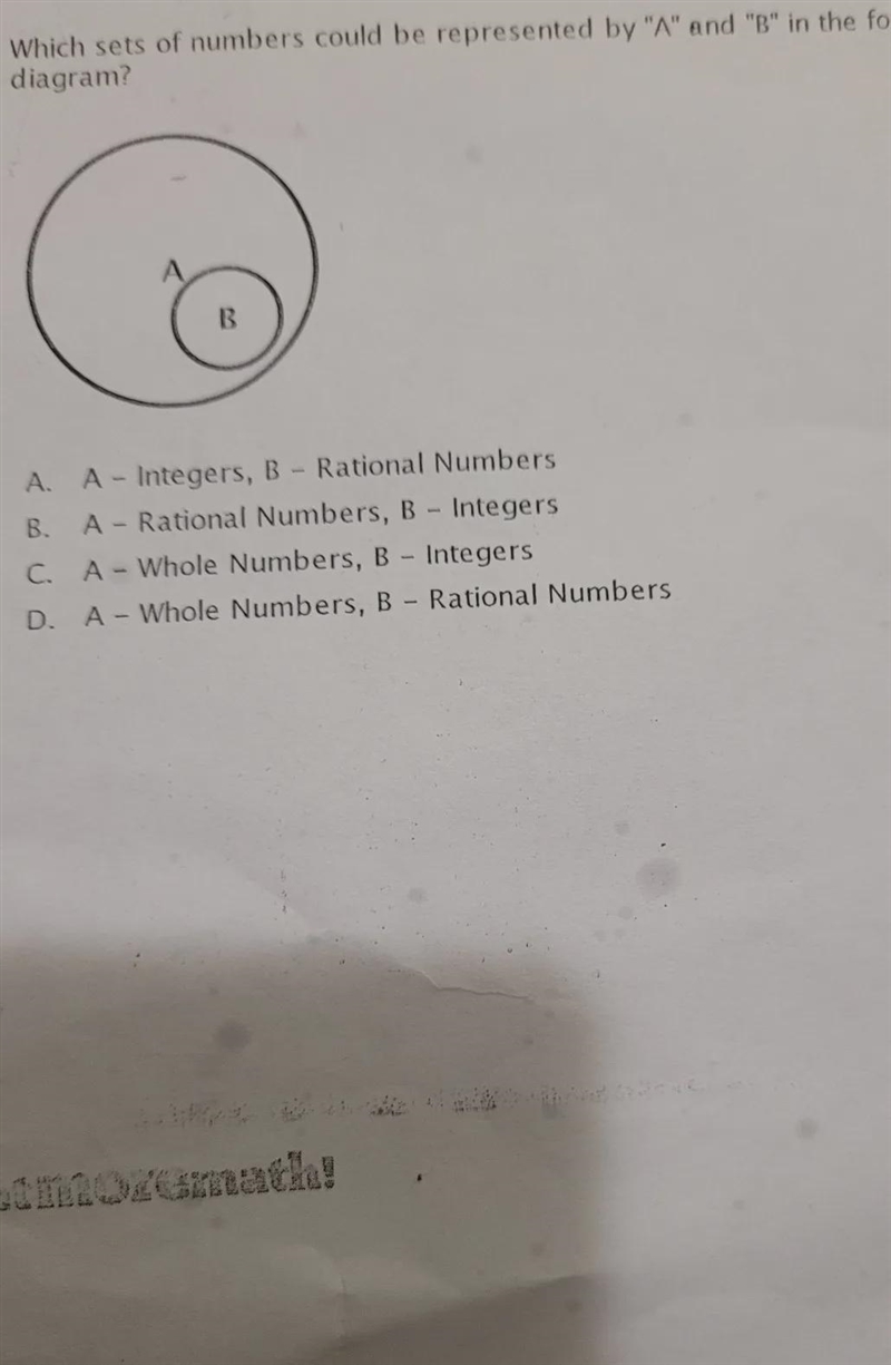 Which sets of numbers could be represented by A and B in the following Venn diagram-example-1