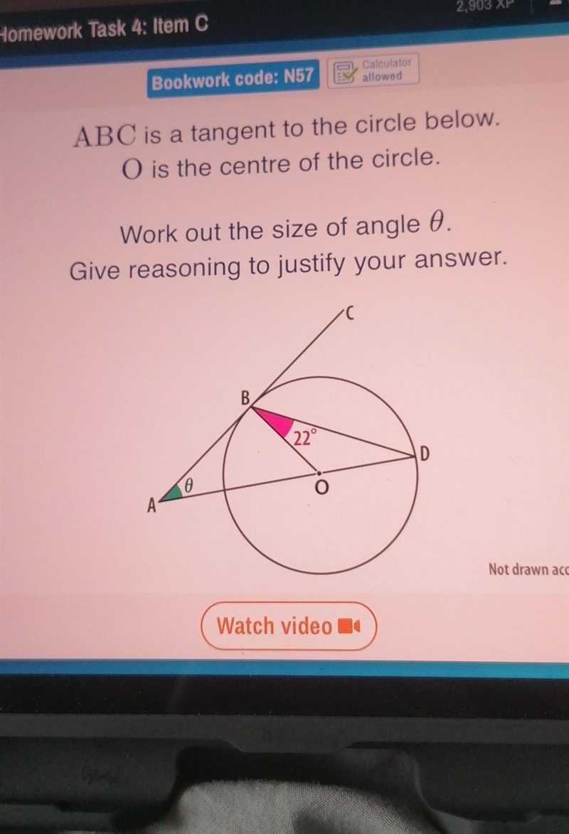 ABC is a tangent to the circle below. O is the centre of the circle. Work out the-example-1