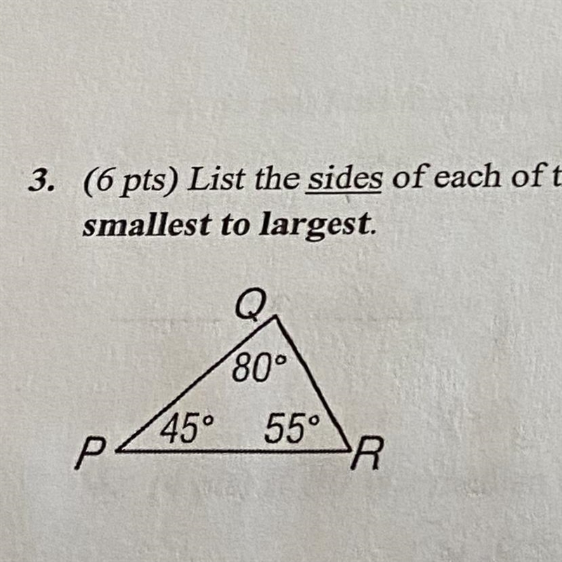 List the sides of the triangle from smallest to largest.-example-1