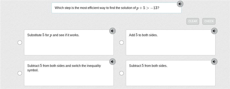 Which step is the most efficient way to find the solution of p+5>−13?-example-1