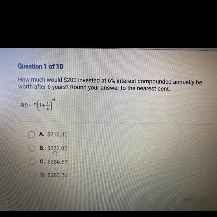 How much would $200 invested at 6% interest compounded annually be worth after 6 years-example-1