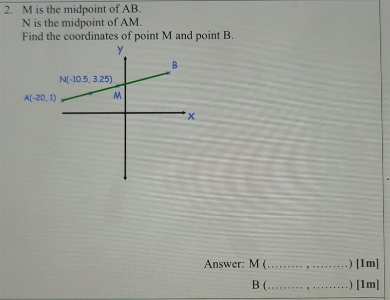 2. M is the midpoint of AB. N is the midpoint of AM. Find the coordinates of point-example-1