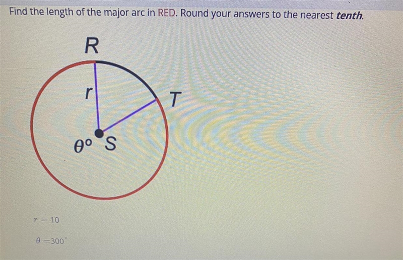 Find the length of the major arc in RED. Round your answers to the nearest tenth.-example-1