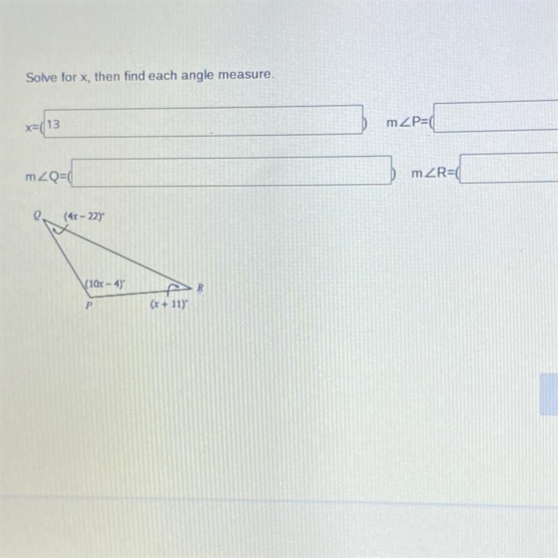 Solve for x, then find each angle measure.-example-1