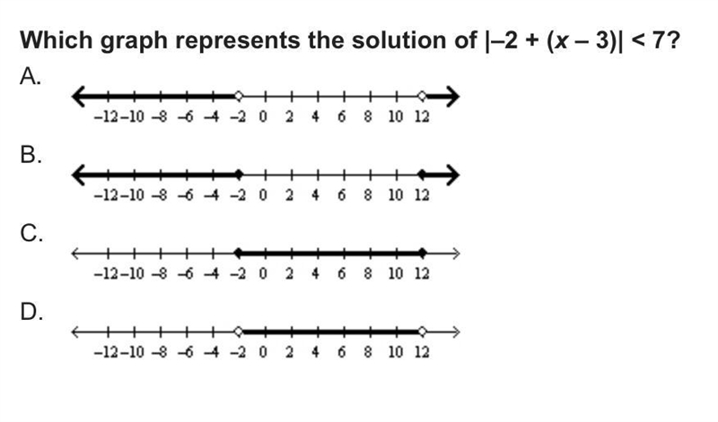 Which graph represents the solution of |–2 + (x – 3)| < 7?-example-1