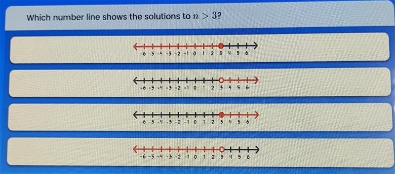 Which number line shows the solutions to n > 3?-example-1