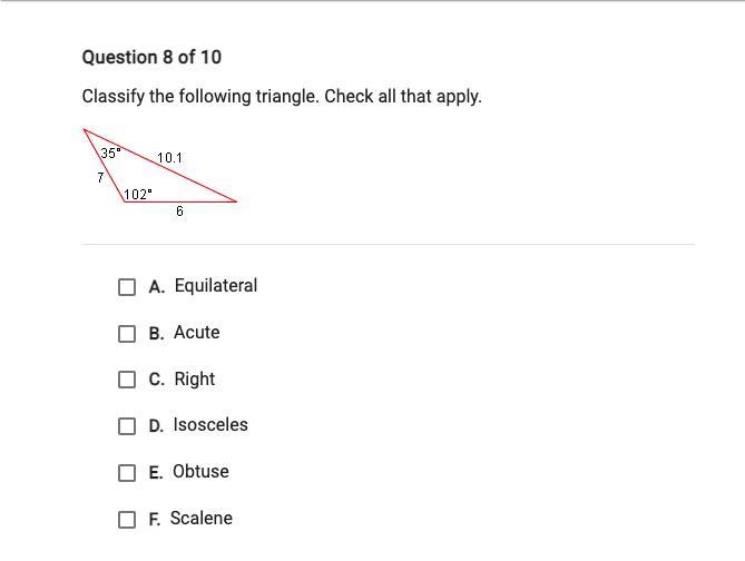 Classify the following triangle. Check all that apply.-example-1