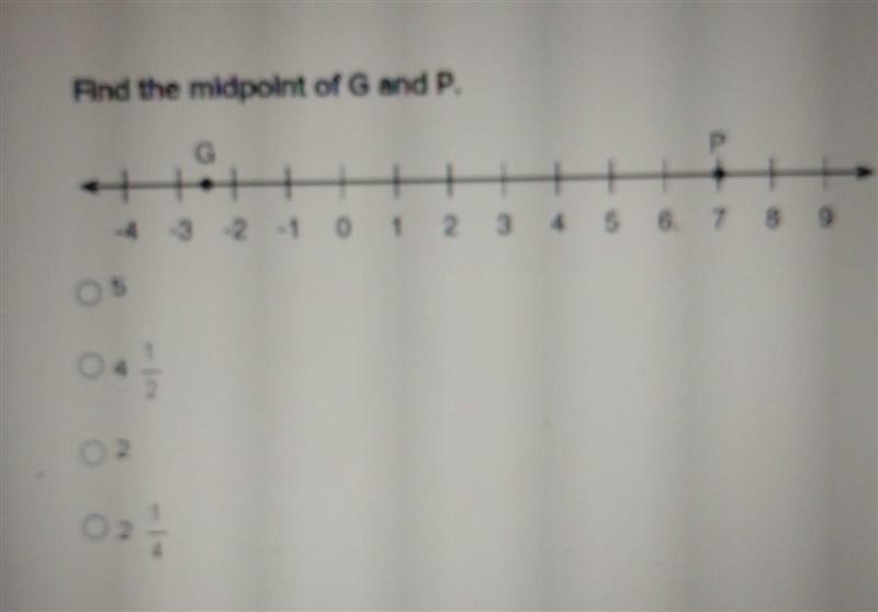 Find the midpoint of G and P. 5 4 1/2 2 2 1/4​-example-1