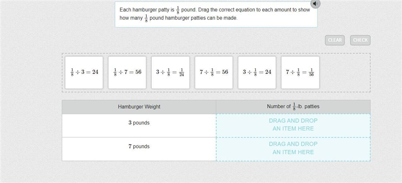 Each hamburger patty is 1/8 pound. Drag the correct equation to each amount to show-example-1