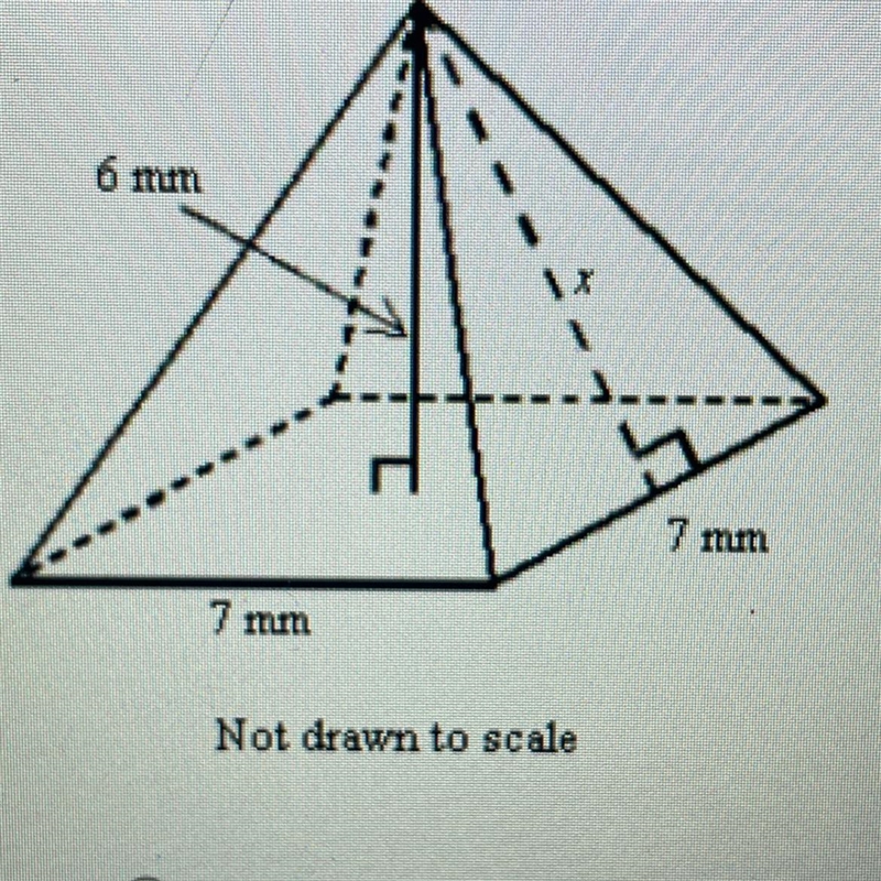 Find the slant height x of the pyramid shown, to the nearest tenth. 6mm 7mm 7mm Options-example-1