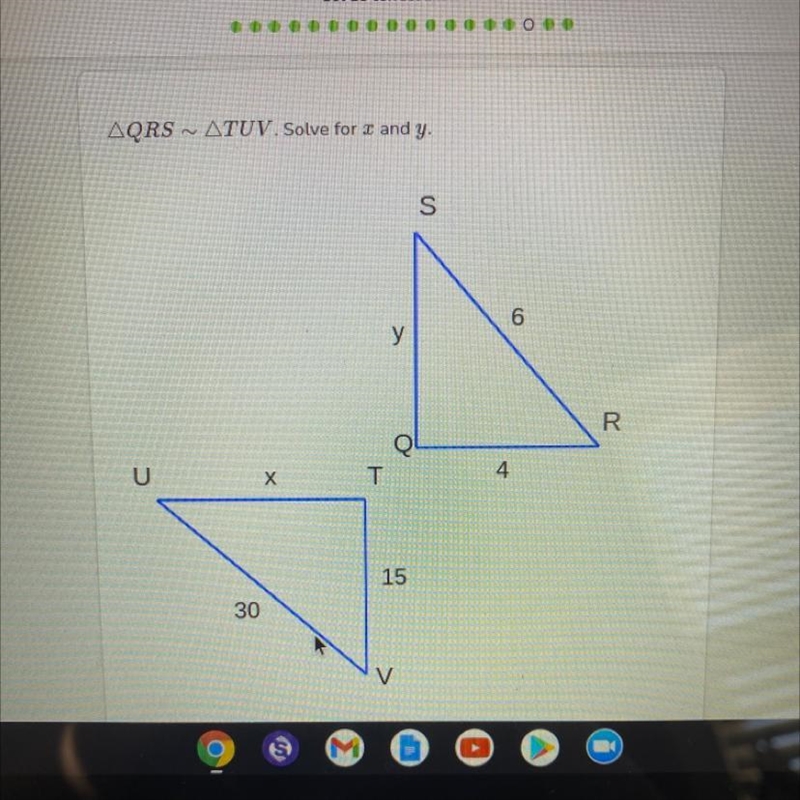 Triangle QRS ~ Triange TUV. solve for x and y-example-1