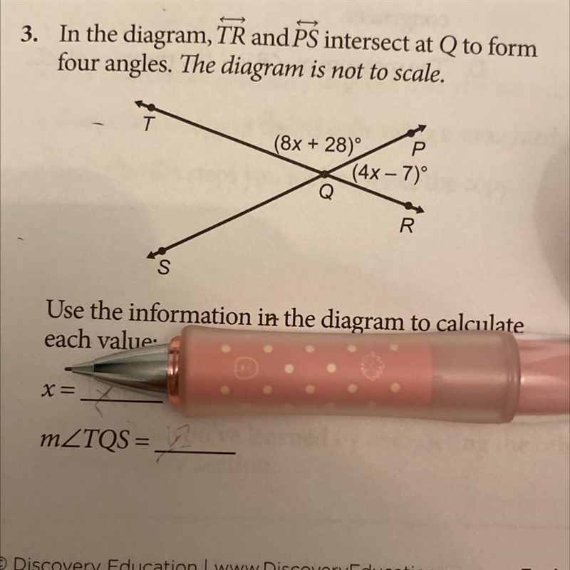 In the diagram below , TR and PS intersect at Q to form four angles. The diagram is-example-1