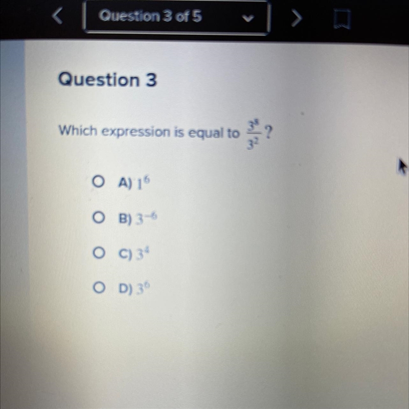 Which expression is equal to 3^8/3^2?-example-1