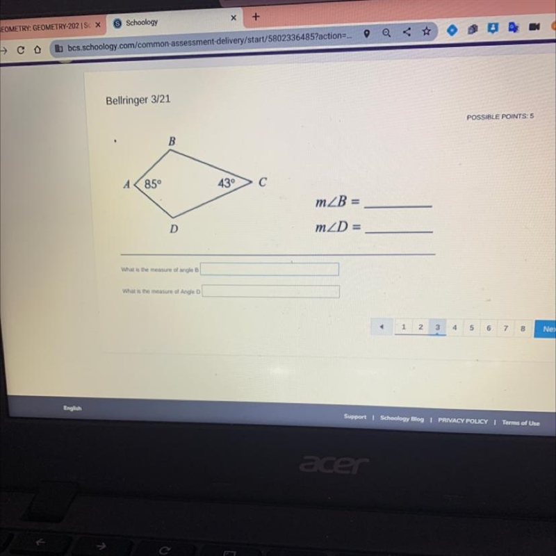 B A 85⁰ D What is the measure of angle B What is the measure of Angle D 43° C m/B-example-1