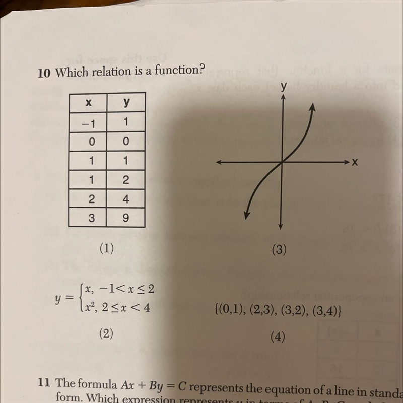 10 Which relation is a function? y = X -1 0 1 1 2 3 (1) y 1 0 1 2 4 9 (x,-1 (x², 2 (2) y-example-1