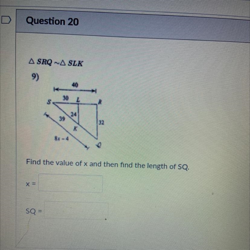 Find the value of x and then find the length of SQ.X=SQ =-example-1