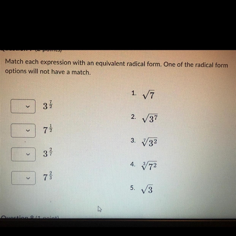 Match each expression with an equivalent radical form. One of the radical form options-example-1