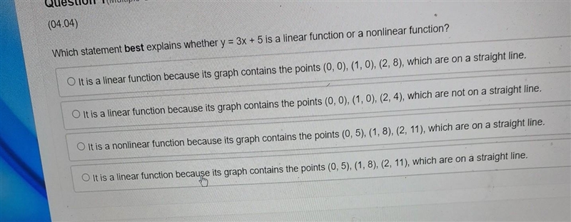 What statement best explains whether y=3x +5 is a linear function or a nonlinear function-example-1