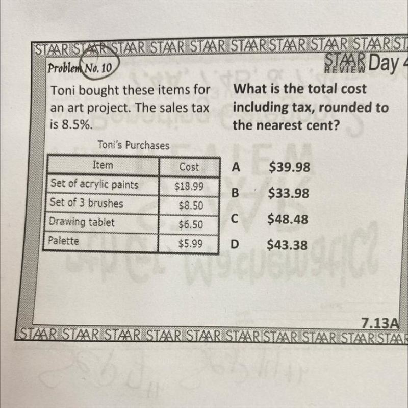 Toni bought these items for an art project. The sales tax is 8.5%. What is the total-example-1