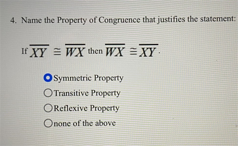 I need help fast please!! Name the Property of Congruence that justifies the statement-example-1