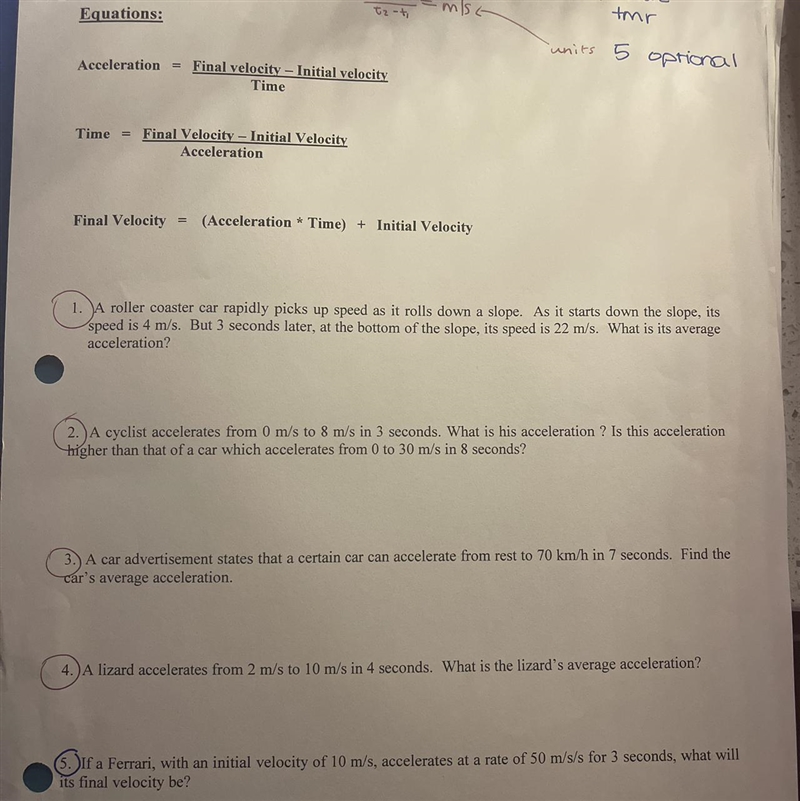 Acceleration Worksheet: Could anyone complete with correct answers? 1-5 please!-example-1