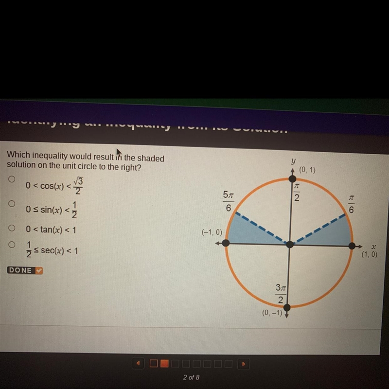 Which inequality would result in the shaded solution on the unit circle to the right-example-1