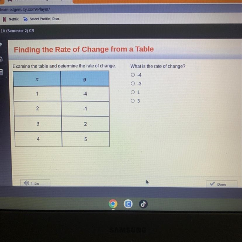 Examine the table and determine the rate of change. X y -4 1 2 3 4 -1 2 LO 5 What-example-1