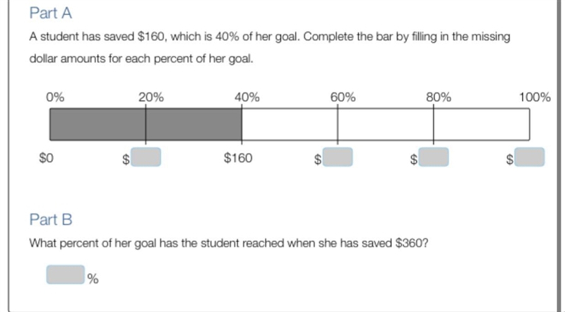 a student has saved $160,which is 40% of her goal complete the bar by filling bar-example-1