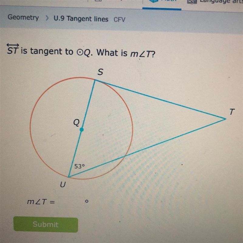 ST is tangent to OQ. What is m-example-1