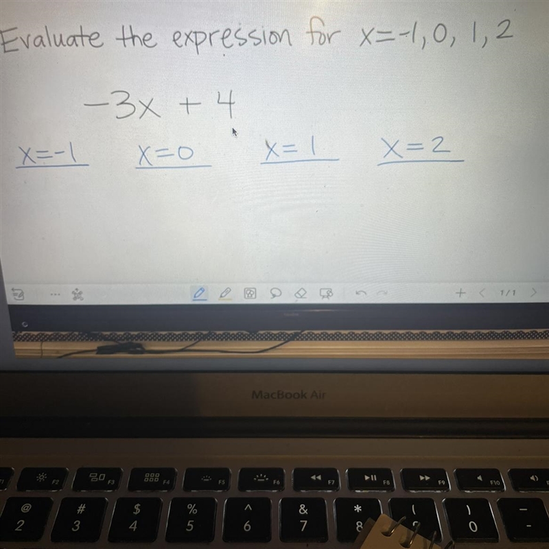 Evaluate the expression for x=-1,0, 1, 2 -3x + 4 X=0 X=-1 x = 1 X=2-example-1