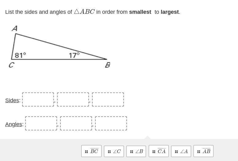 List the sides and angles of △ABC in order from smallest to largest. REFER TO ATTACHMENT-example-1