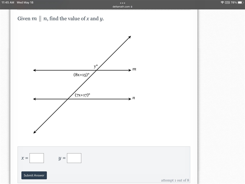 Given m∥n, find the value of x and y.-example-1