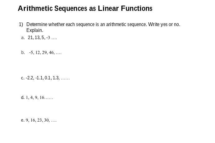 Arithmetic Sequences as Linear Functions Determine whether each sequence is an arithmetic-example-1