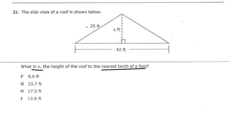 the side view of a roof is shown below. What is x the height of the roof to the nearest-example-1