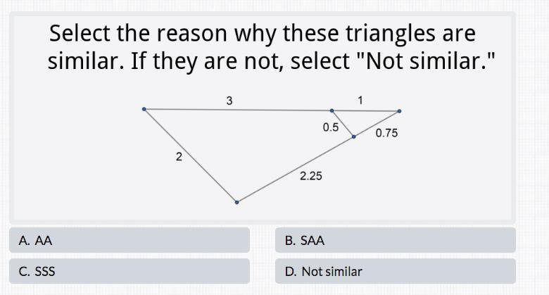 Select the reason why these triangles are similar if they are not select not similar-example-1