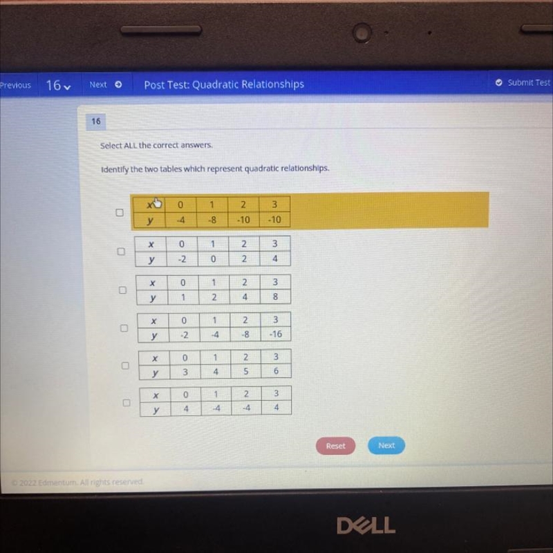 Select ALL the correct answers. Identify the two tables which represent quadratic-example-1