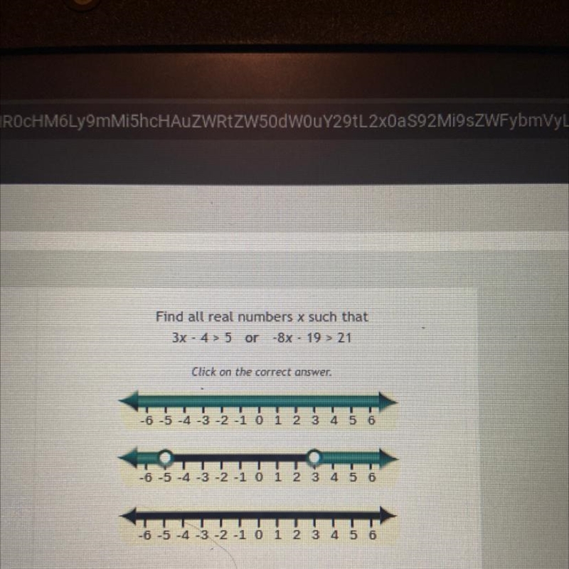 Find all real numbers x such that 3x - 4 > 5 or -8x - 19 > 21 Click on the correct-example-1