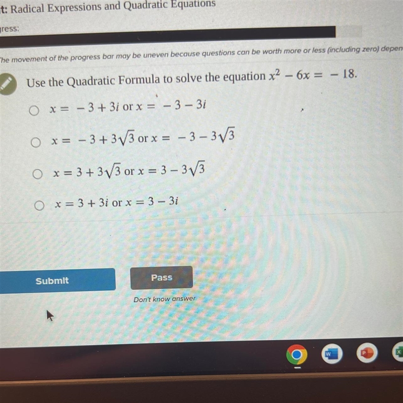 Use the Quadratic Formula to solve the equation x^2 - 6x = - 18.-example-1