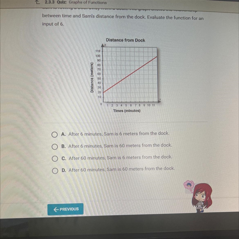 Sam is rowing a boat away from a dock. The graph shows the relationship between time-example-1