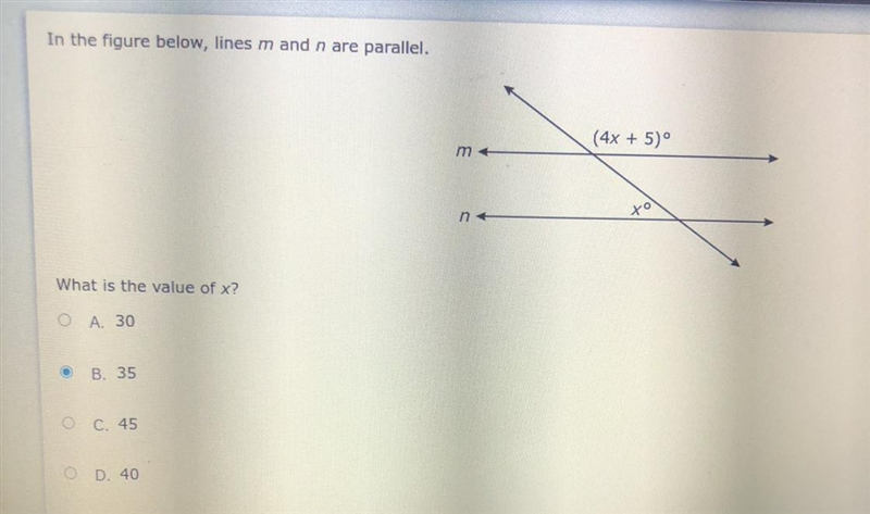 In the figure below, lines m and n are parallel. What is the value of x? OA. 30 B-example-1