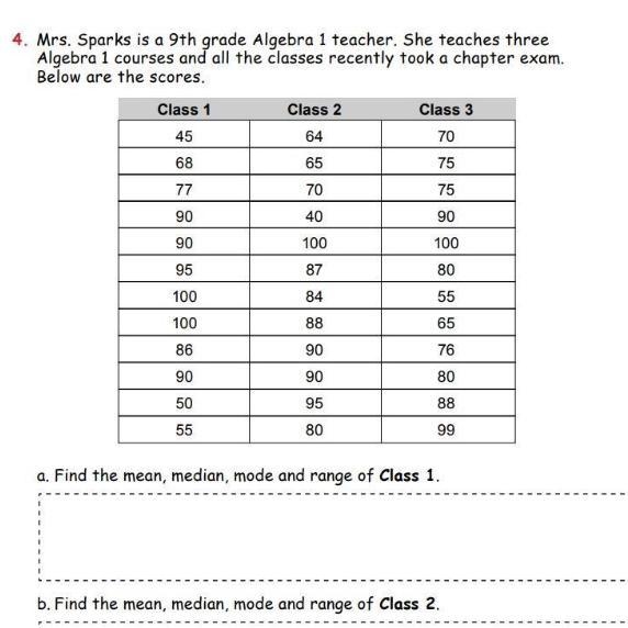 Find mean, median, mode, and range for class 1, class 2 and class 3-example-1