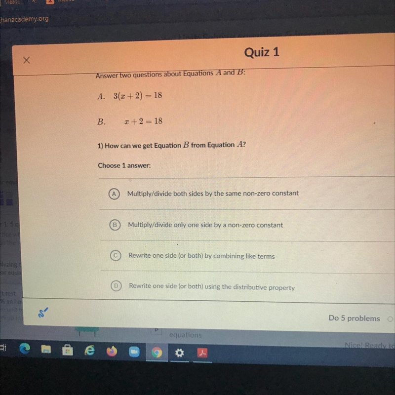 Answer two questions about Equations A and B:A. 3(x + 2) = 18B.x+ 2 = 181) How can-example-1