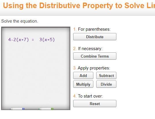 Solve the Equation. 4-2 (x+7) = 3 (x+5)-example-1