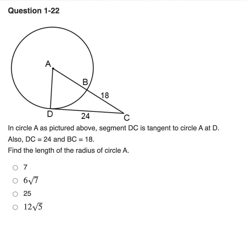 In circle A as pictured above, segment DC is tangent to circle A at D. Also, DC = 24 and-example-1