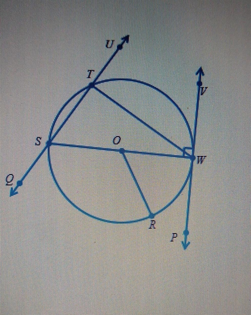 In the circle below, O is the center, SW is a diameter, VP intersects the circle at-example-1