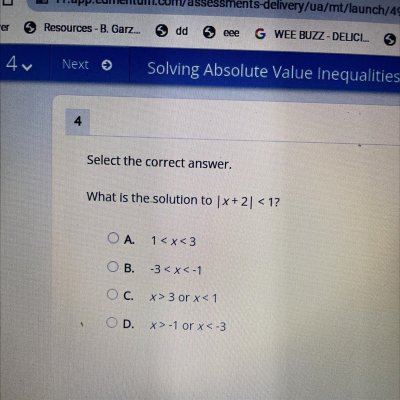 Please help Select the correct answer. What is the solution to |x+ 2| <1?-example-1