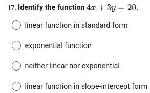 Identify the function 4x+3y=20.-example-1