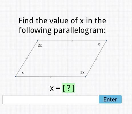 Find the value of x in the following parallelogram x =-example-1