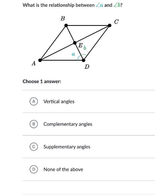 Halp What is the relationship between \blueD{\angle a}∠astart color #11accd, angle-example-1