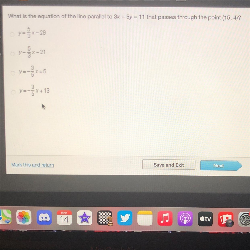 What is the equation of the line parallel to 3x + 5y = 11 that passes through the-example-1